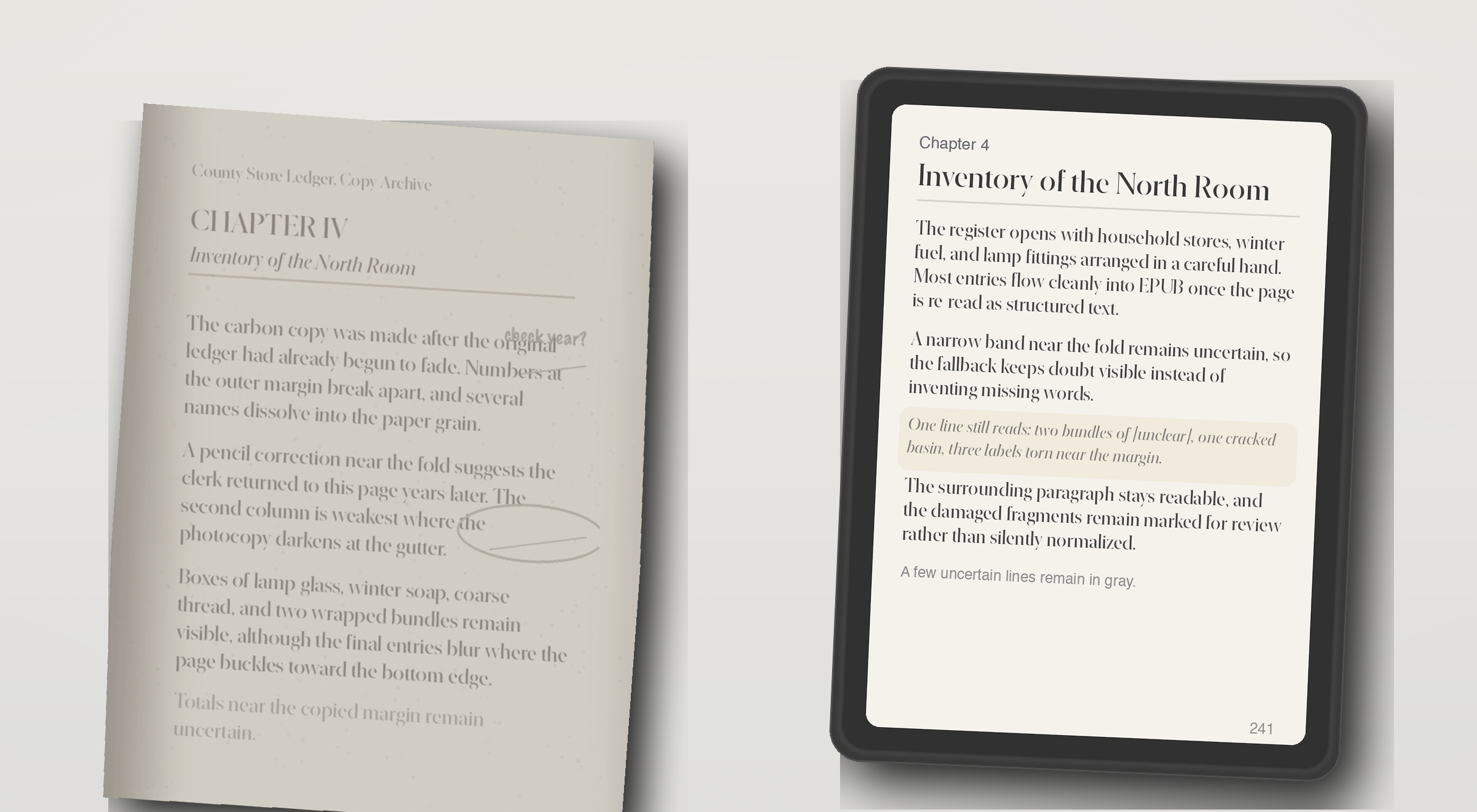 Before and after scanned PDF to EPUB example for an image-only archive scan, showing a faded photocopy on the left and an EPUB preview with partially recovered text on the right